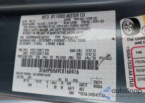 2012 Ford Fusion Se from USA, damaged, VIN 3FAHP0HA9CR160416